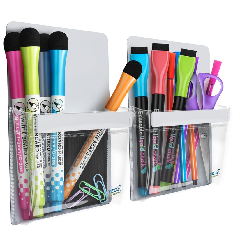 YES4QUALITY Magnetic Pen Holder for Refrigerator with Strong Magnetic Back (2 Pack), Dry Erase Marker Holder Ideal for Whiteboard & Fridge, Clear & White Pencil Cup - Image 1